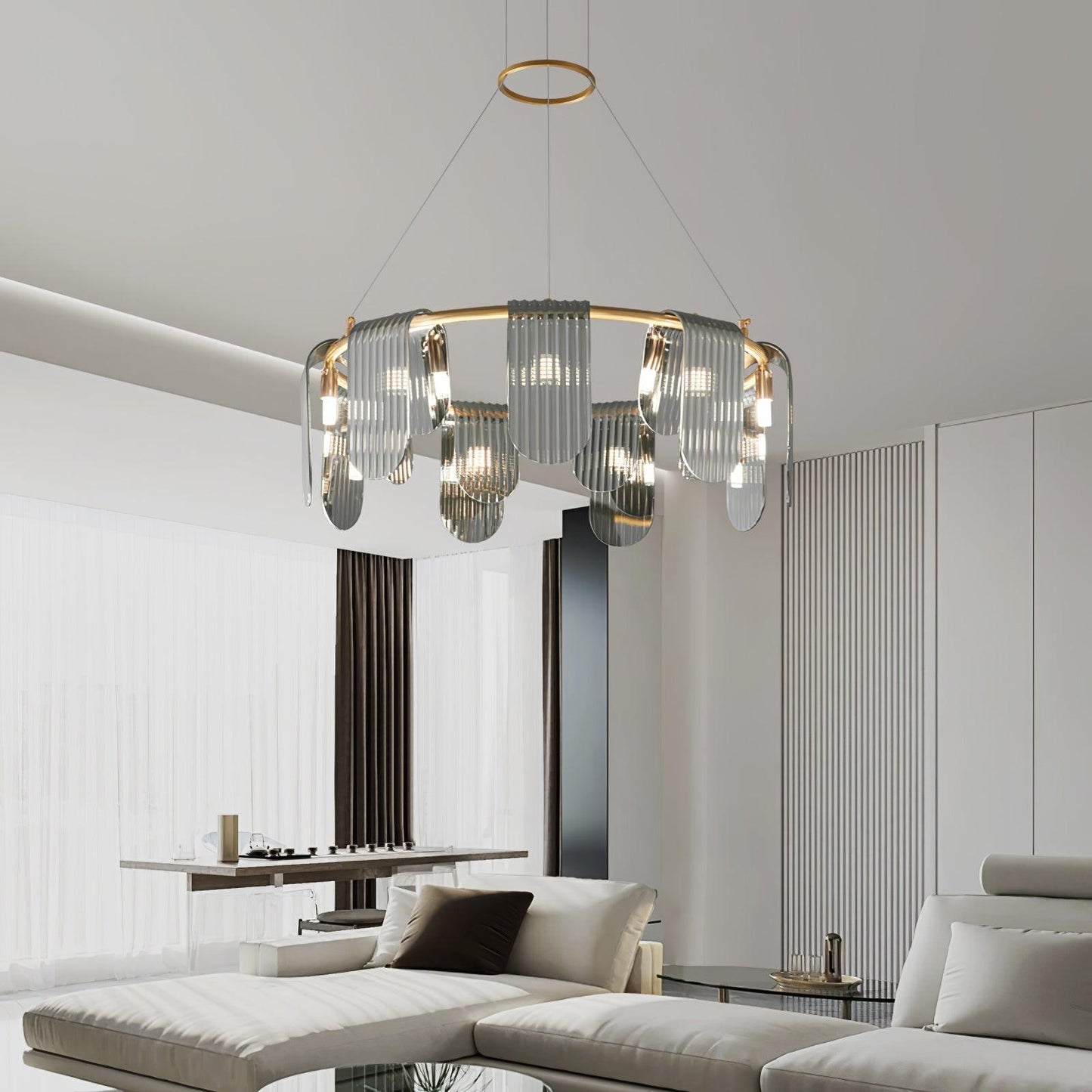 Elegant Brass Chandelier with Smoke Gray Shade