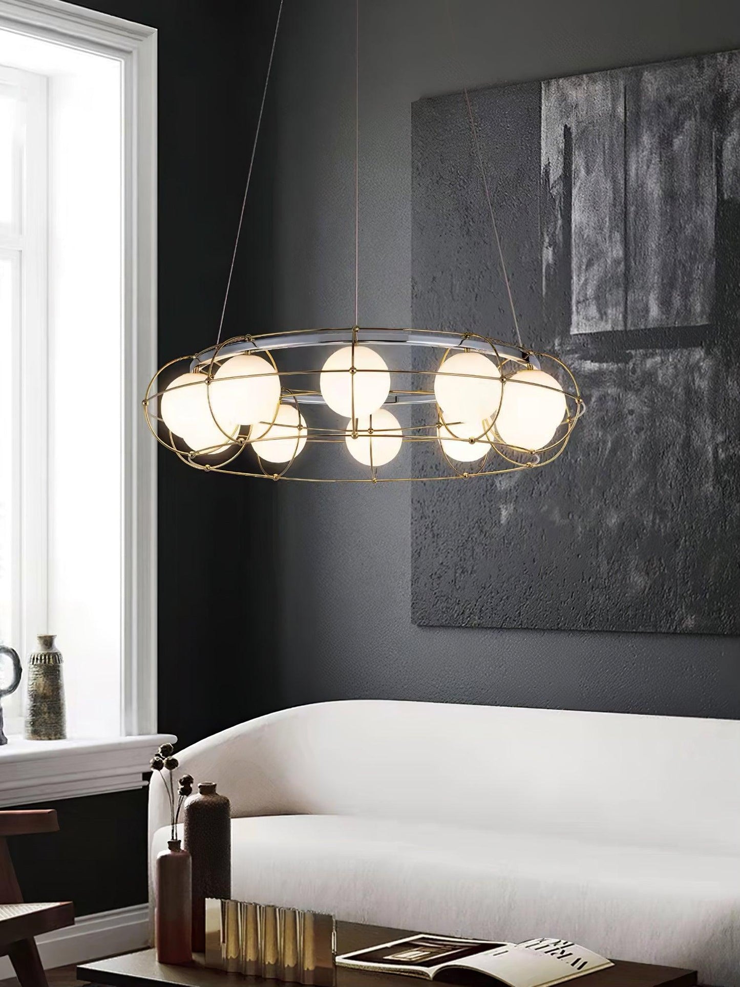 Modern Round Chandelier with White Glass Shade