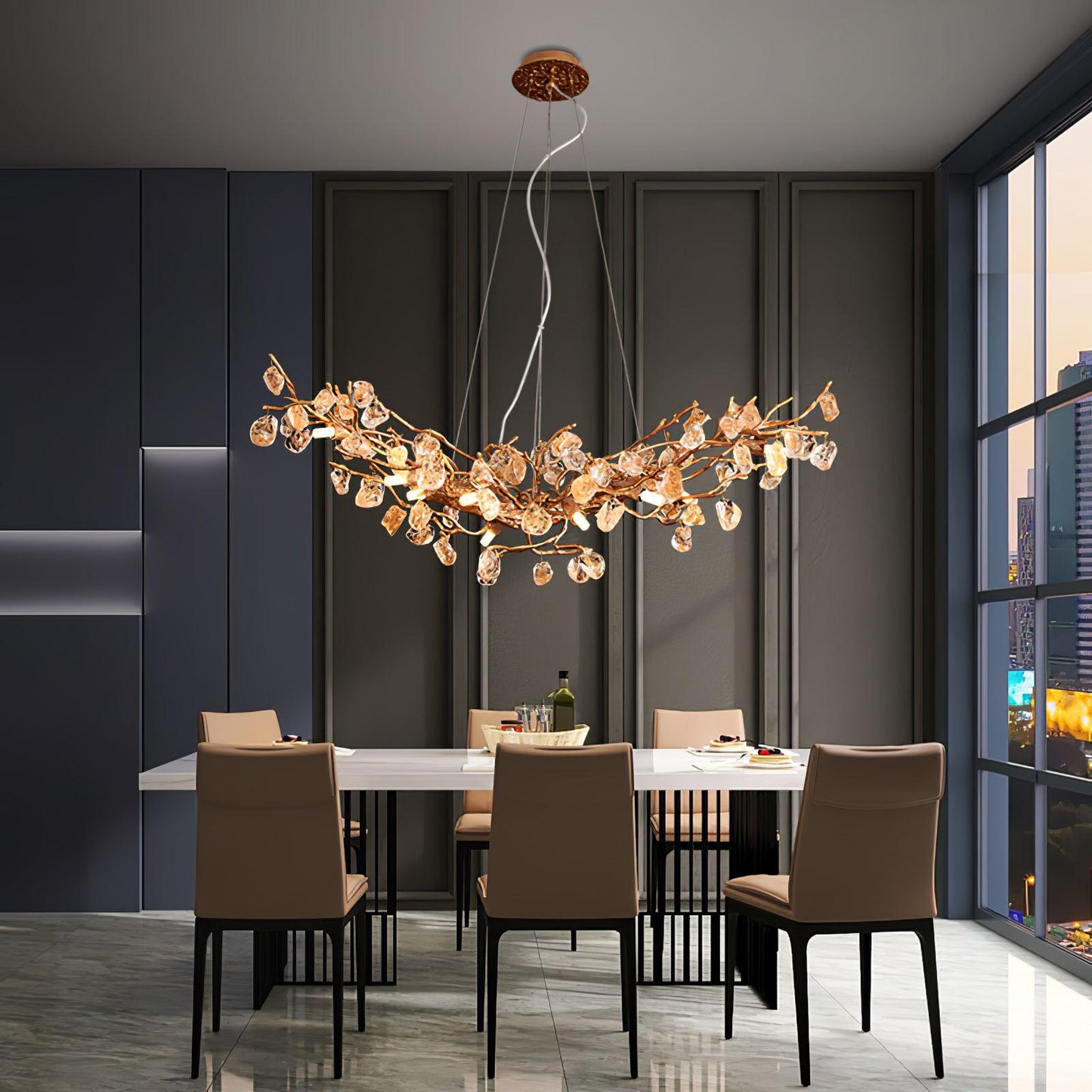 Amber Stone Crystal Brass Chandelier