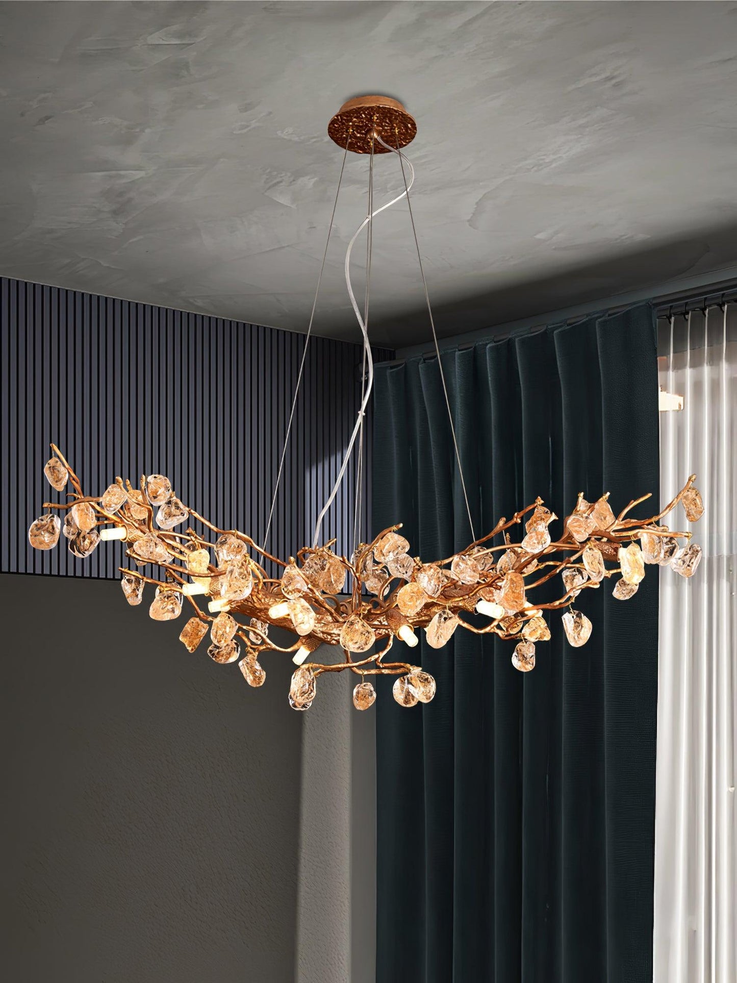 Amber Stone Crystal Brass Chandelier