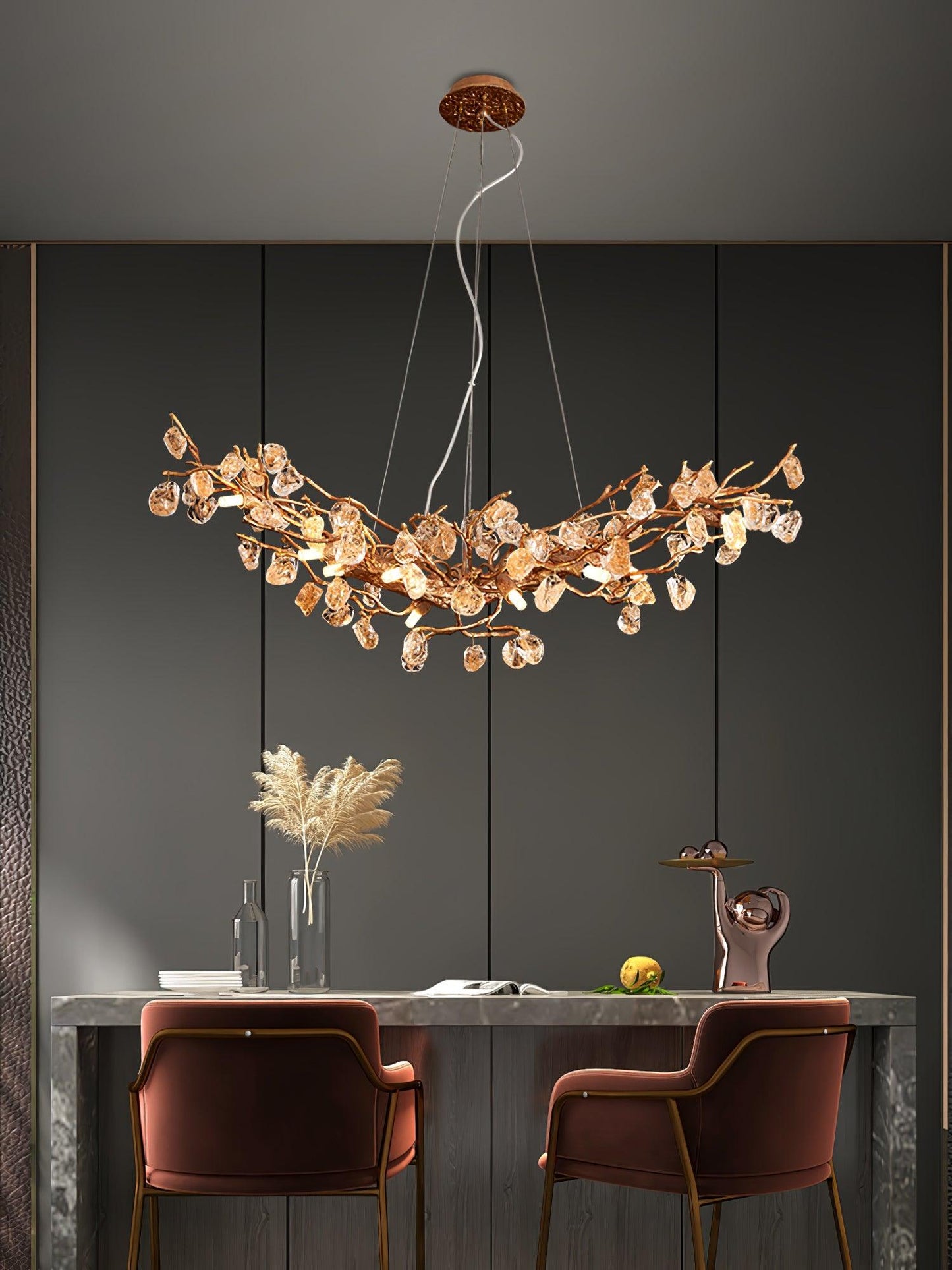 Amber Stone Crystal Brass Chandelier