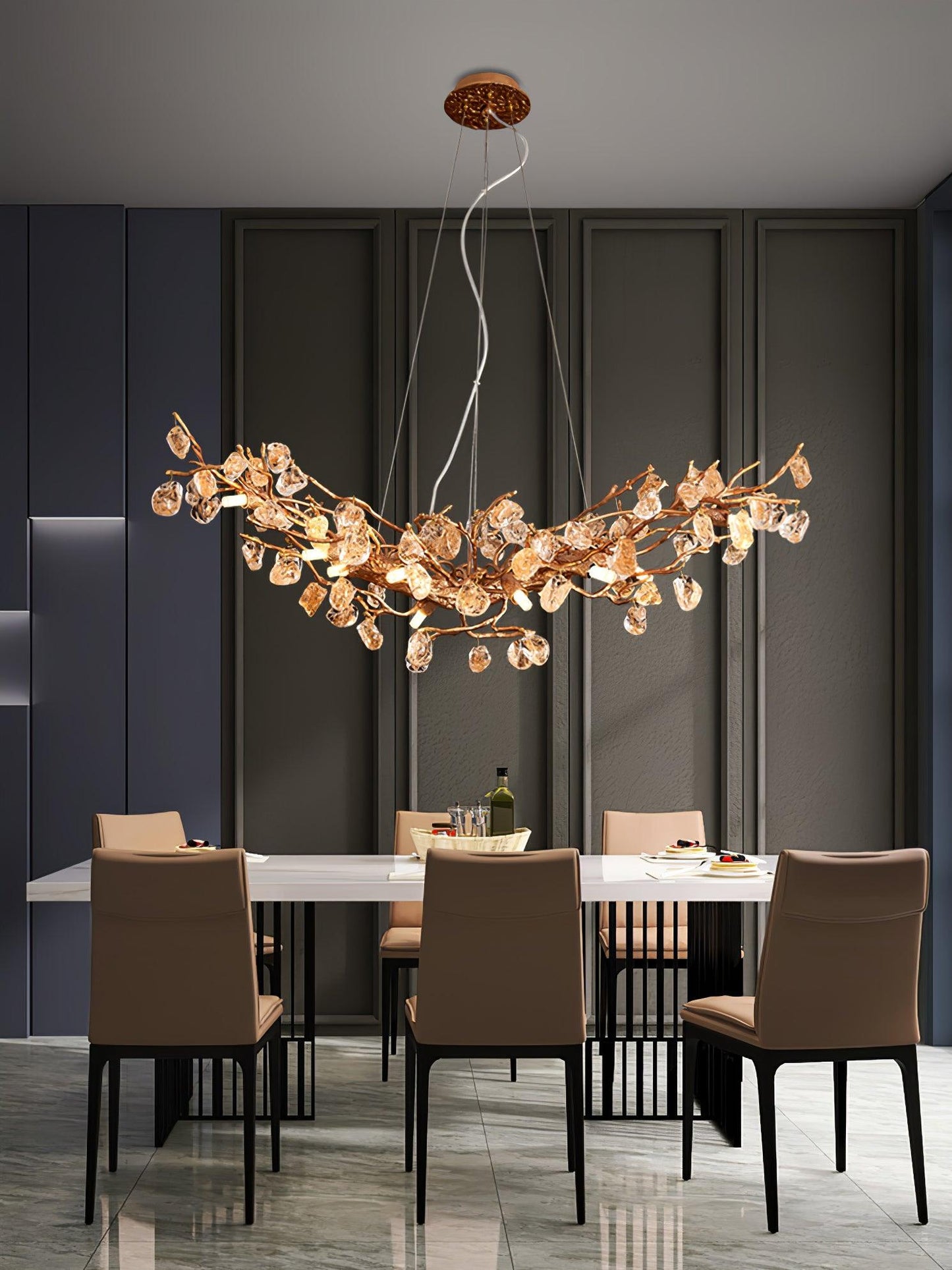 Amber Stone Crystal Brass Chandelier