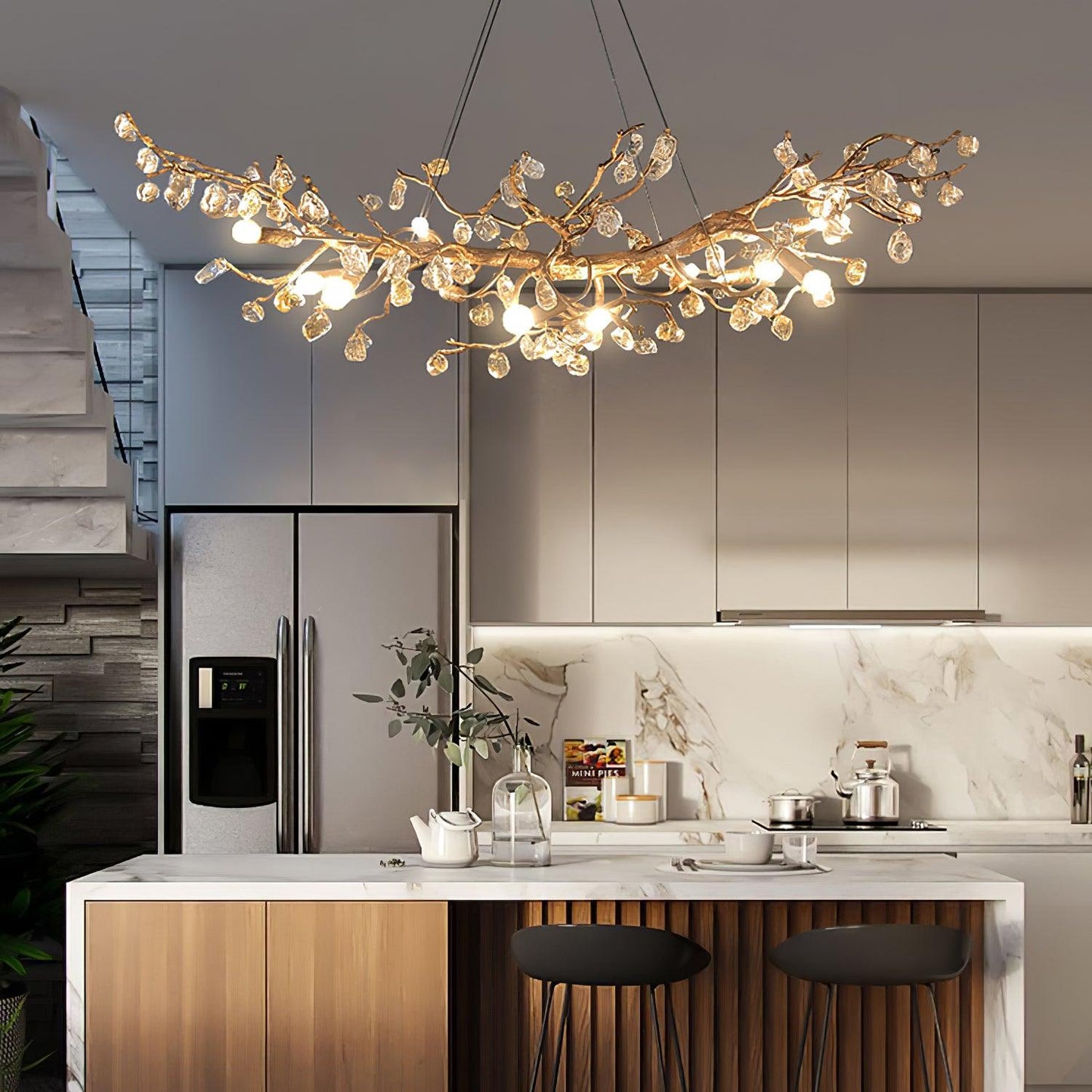 Amber Stone Crystal Brass Chandelier