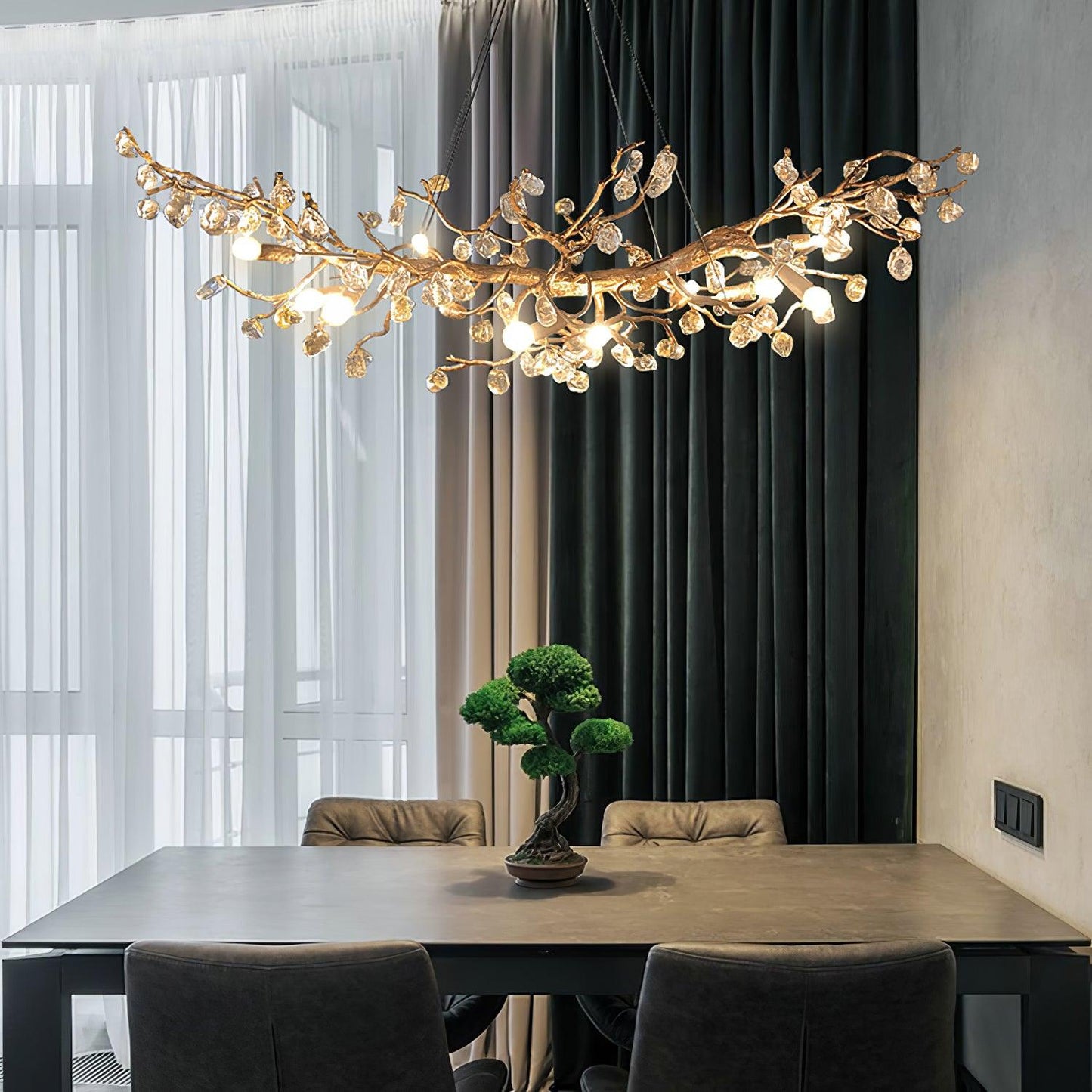 Amber Stone Crystal Brass Chandelier