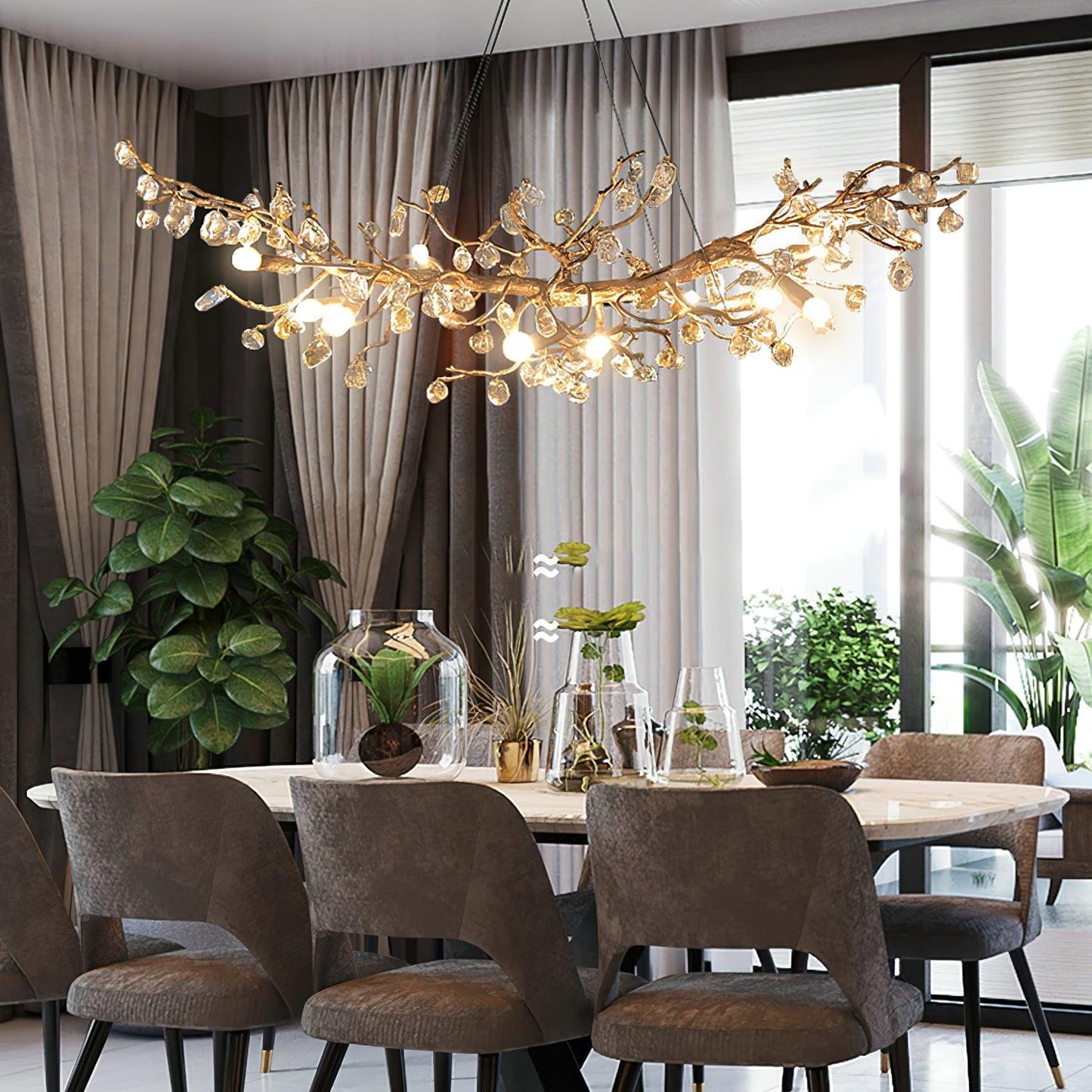 Amber Stone Crystal Brass Chandelier