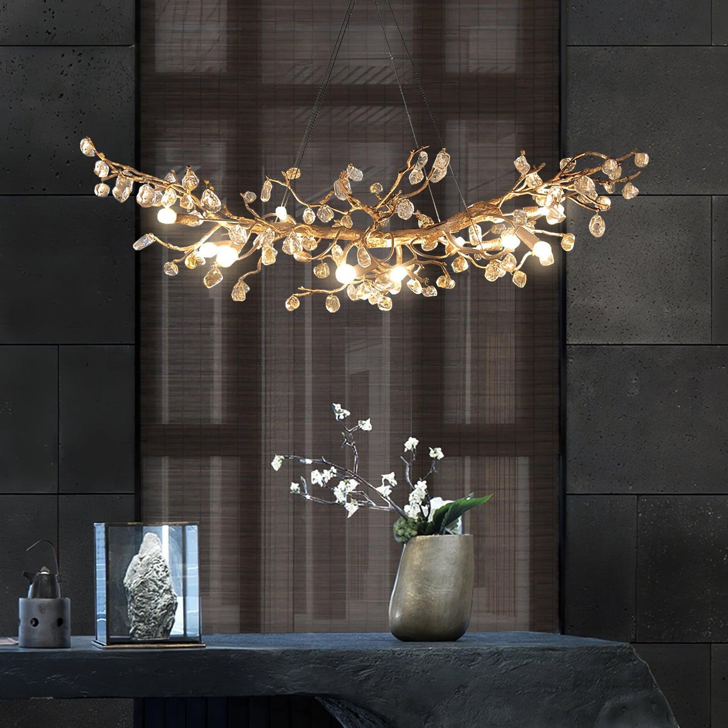 Amber Stone Crystal Brass Chandelier
