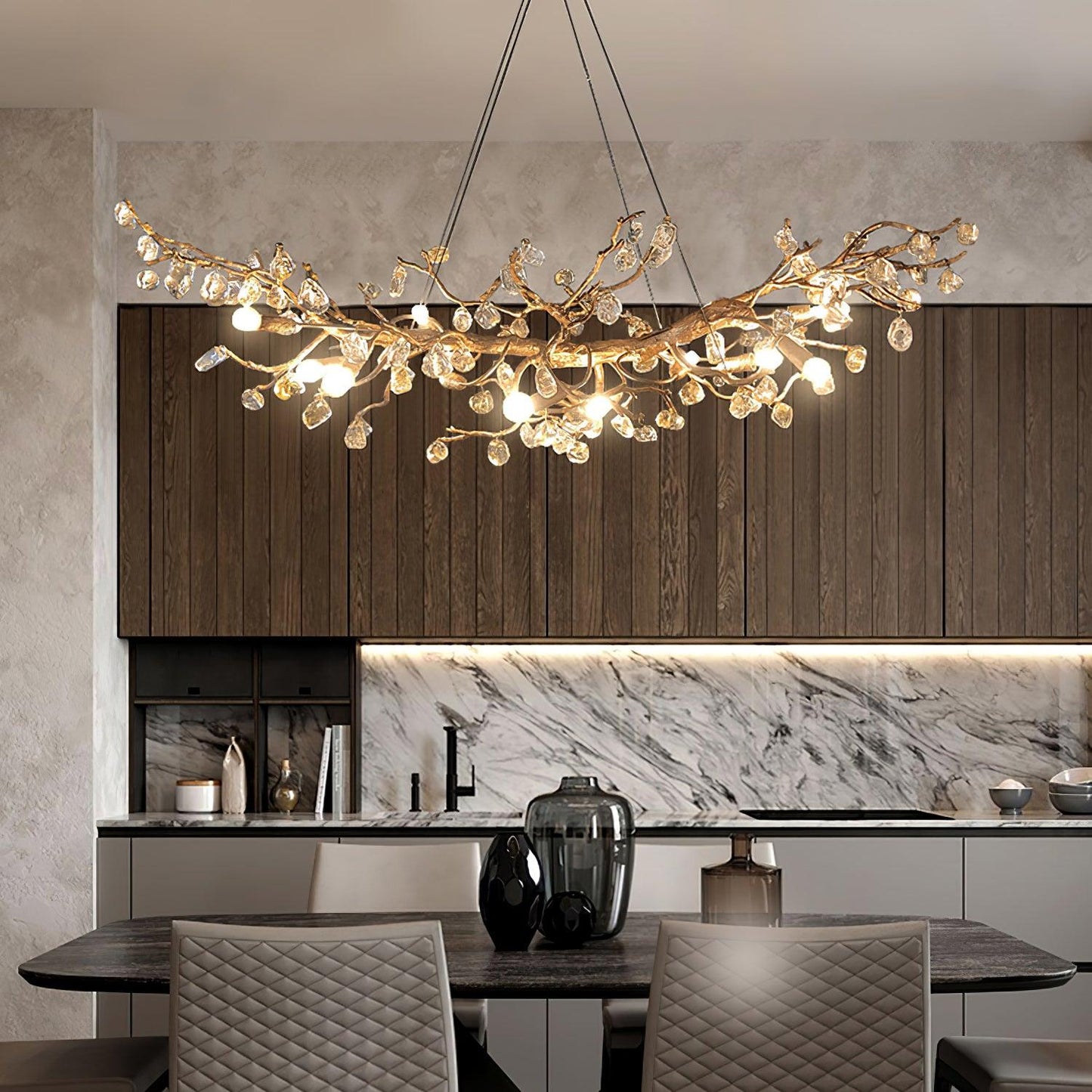 Amber Stone Crystal Brass Chandelier