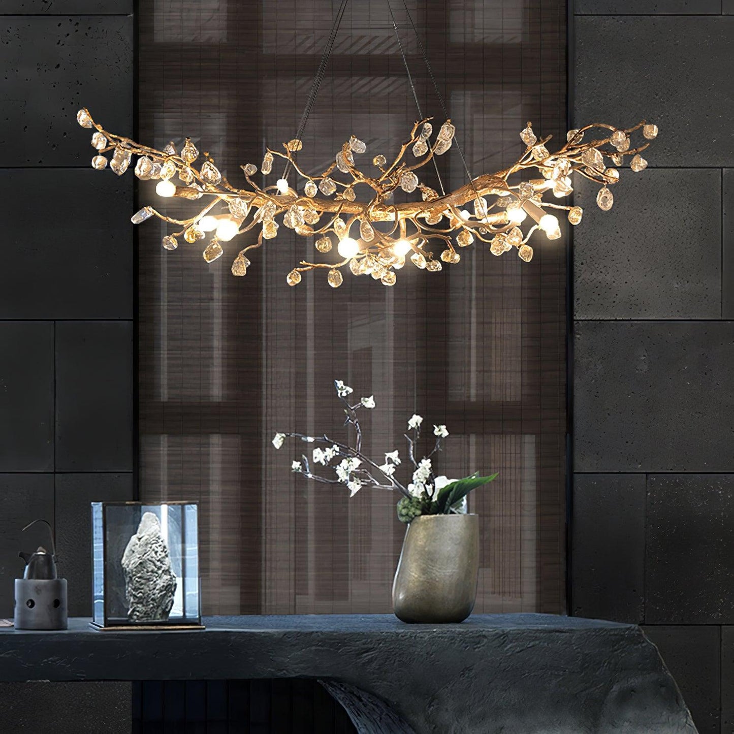 Amber Stone Crystal Brass Chandelier
