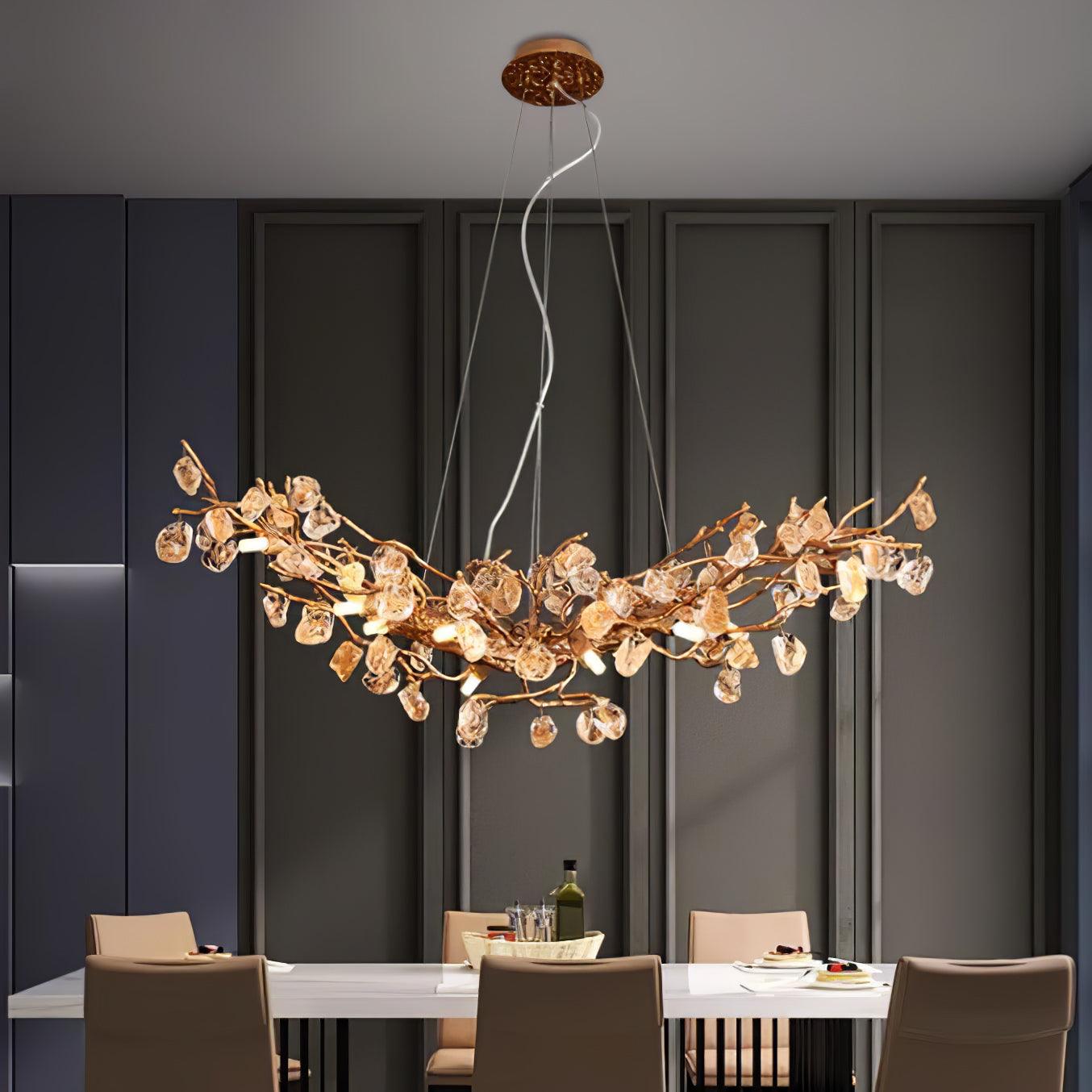 Amber Stone Crystal Brass Chandelier