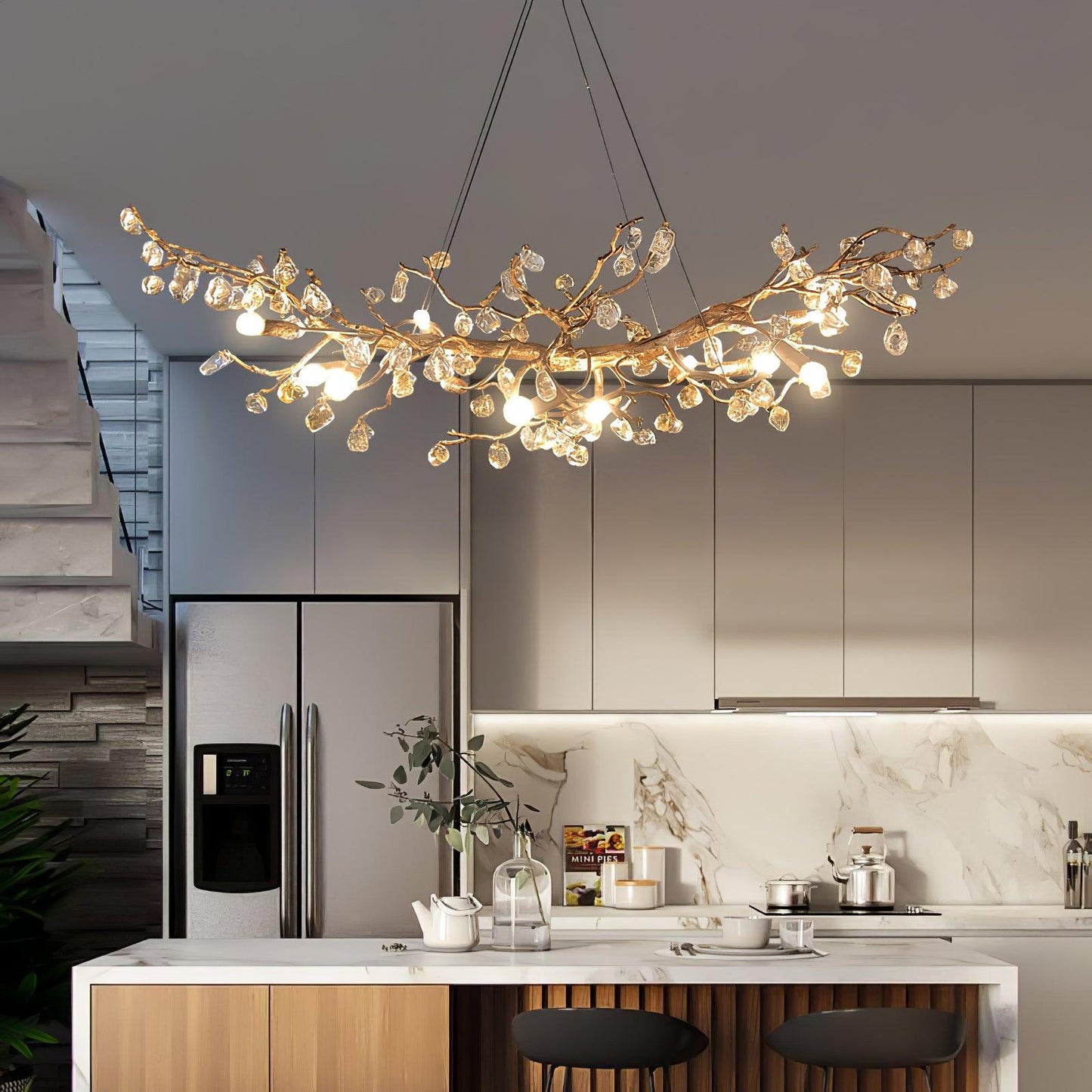 Amber Stone Crystal Brass Chandelier