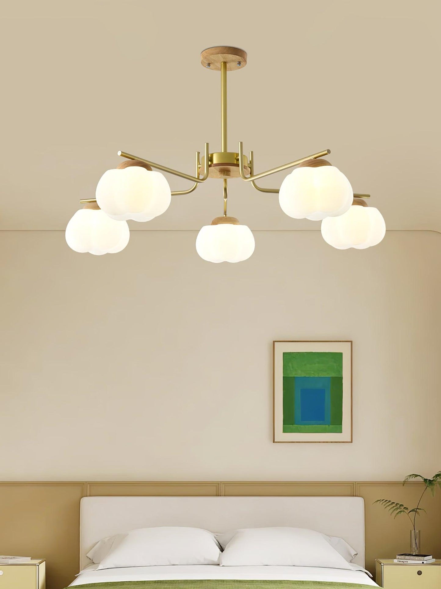 Gold Metal & White PE Lampshade Chandelier