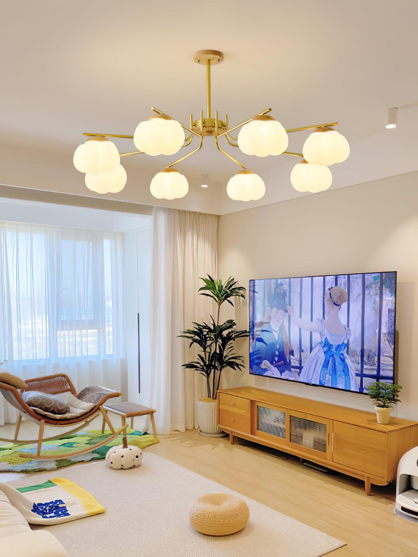 Gold Metal & White PE Lampshade Chandelier