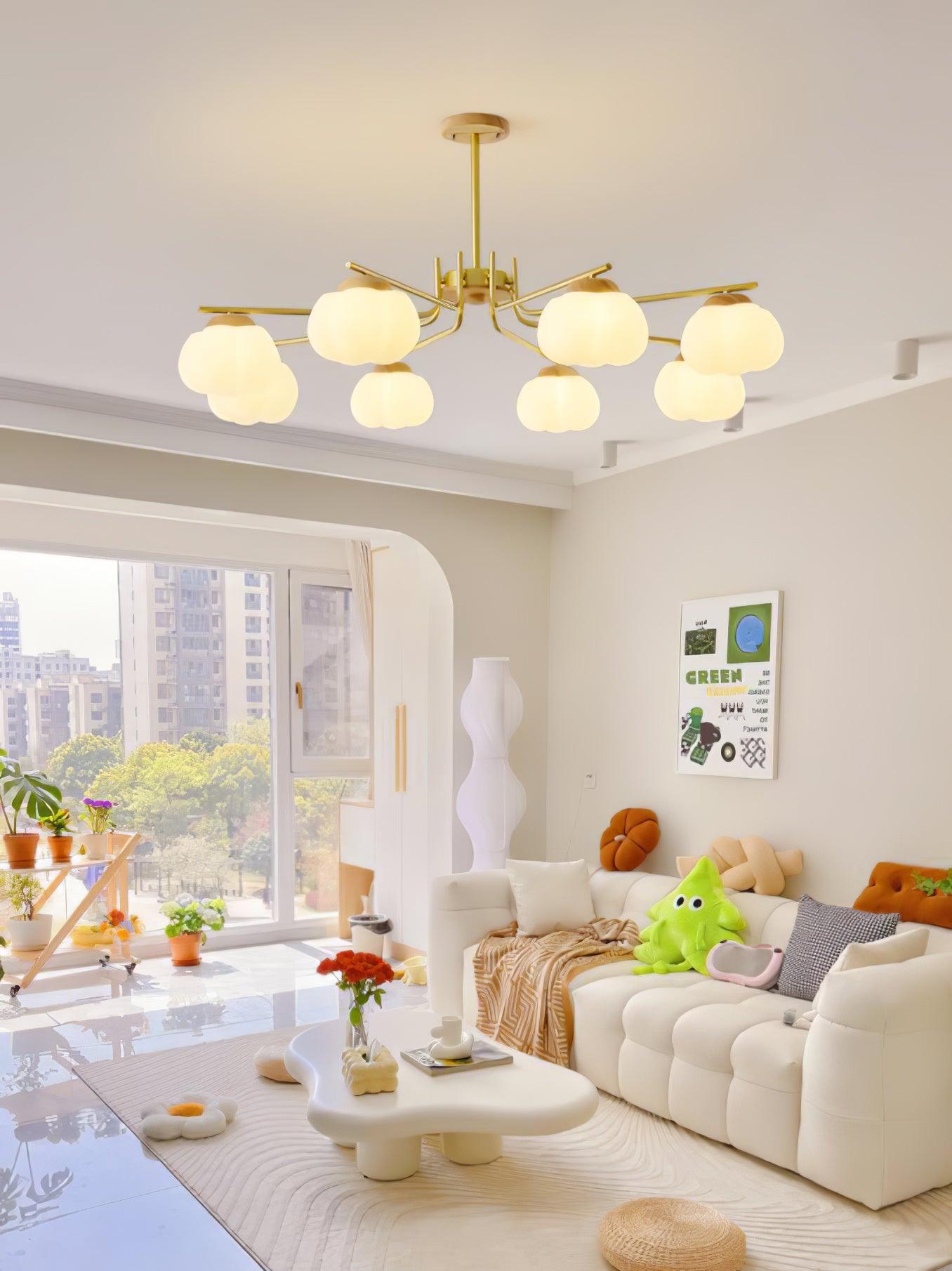 Gold Metal & White PE Lampshade Chandelier