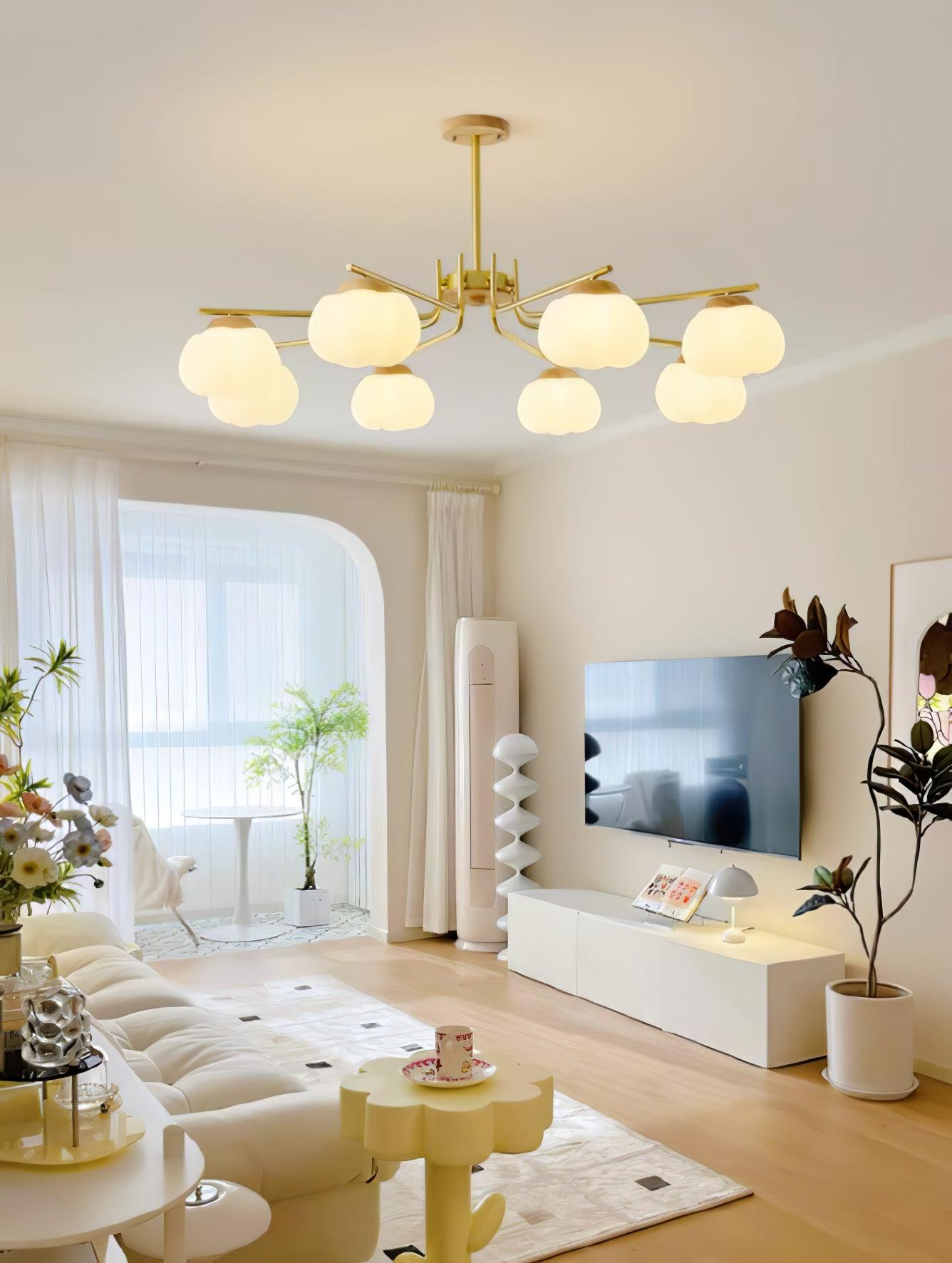 Gold Metal & White PE Lampshade Chandelier