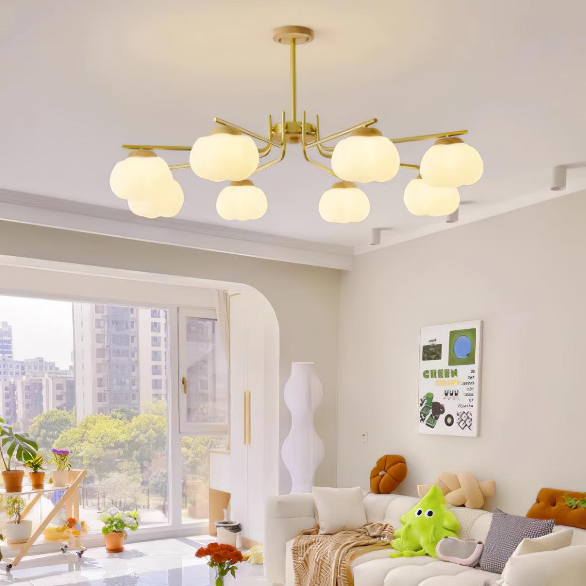 Gold Metal & White PE Lampshade Chandelier