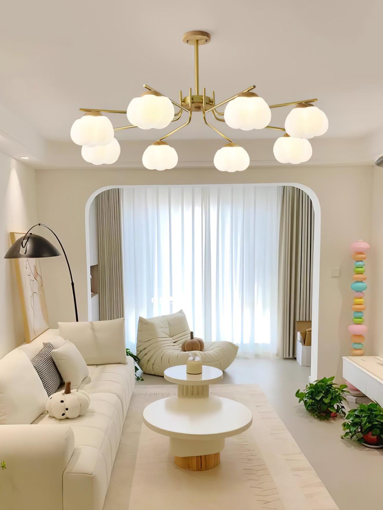 Gold Metal & White PE Lampshade Chandelier