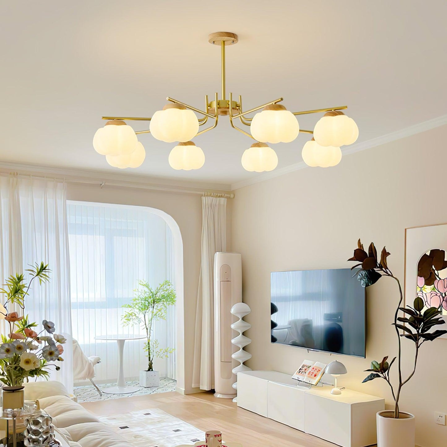 Gold Metal & White PE Lampshade Chandelier