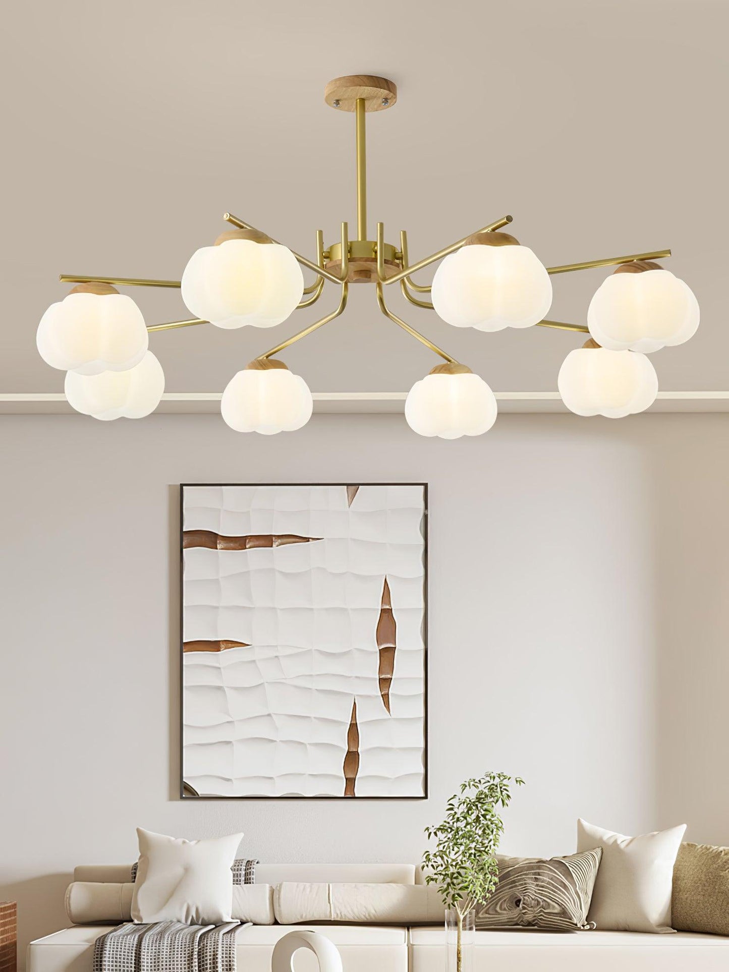 Gold Metal & White PE Lampshade Chandelier