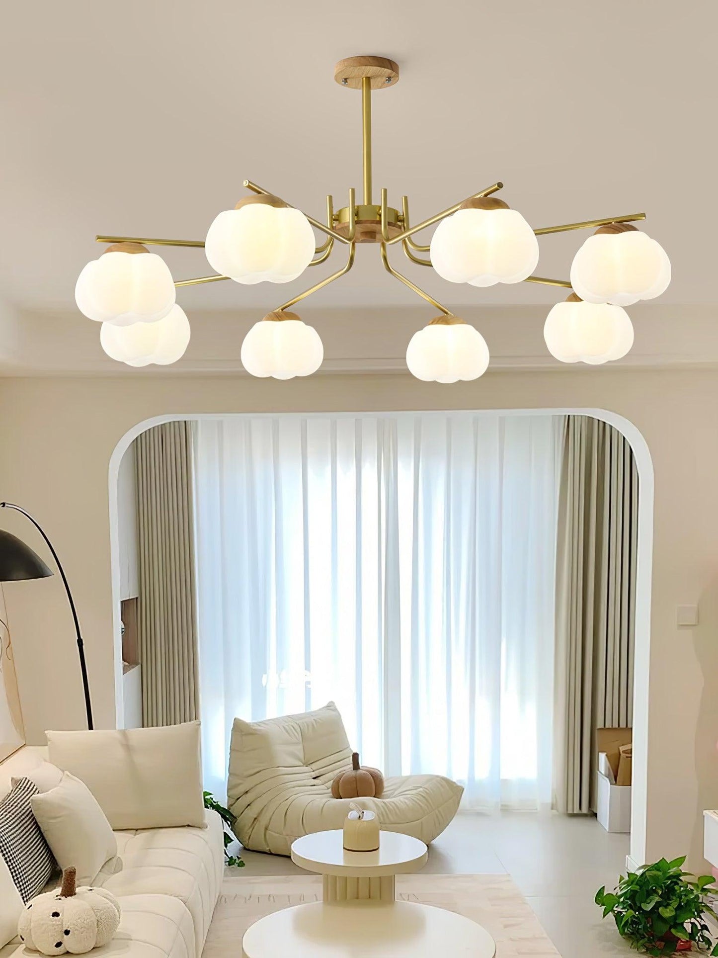 Gold Metal & White PE Lampshade Chandelier
