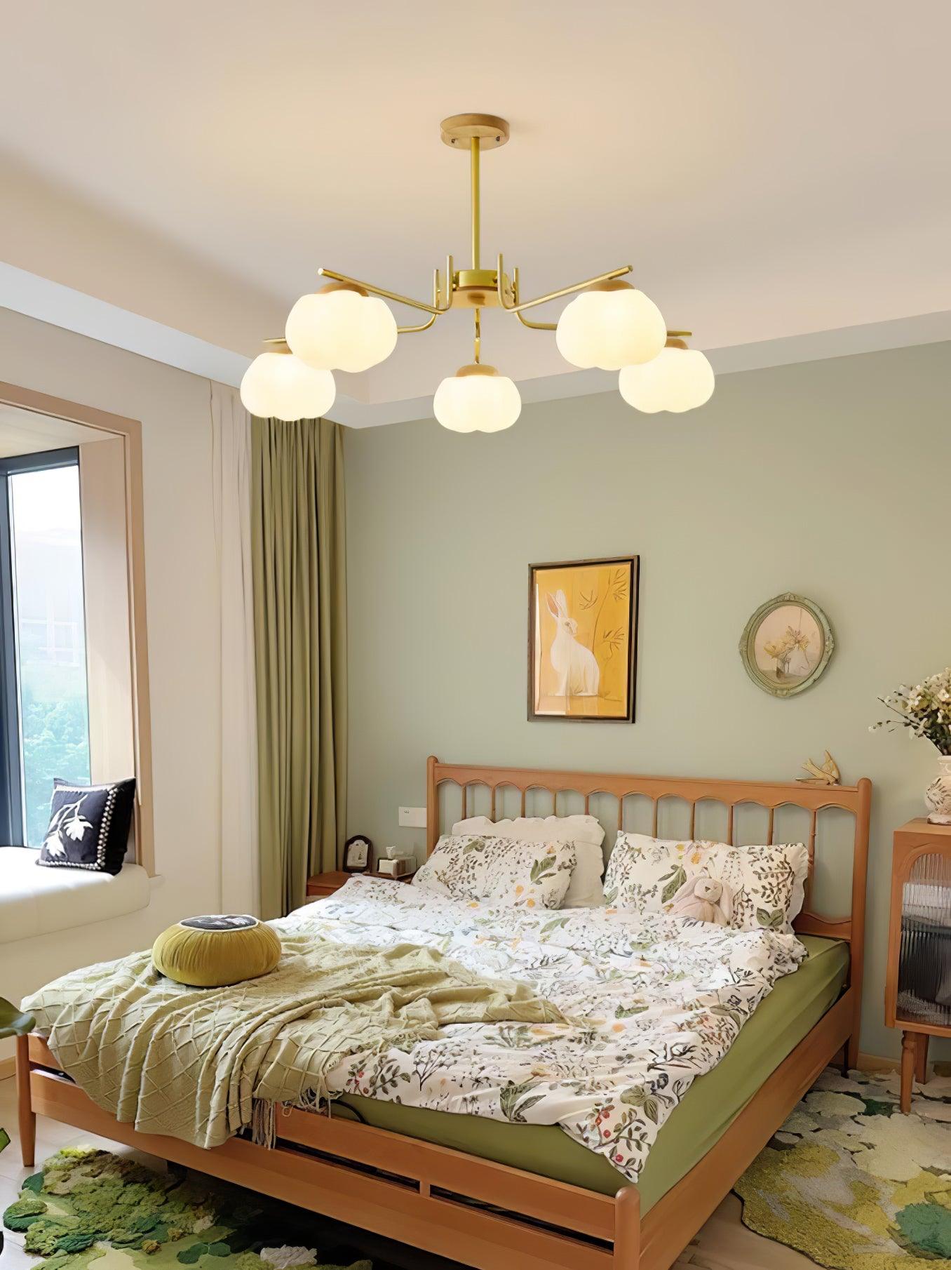 Gold Metal & White PE Lampshade Chandelier