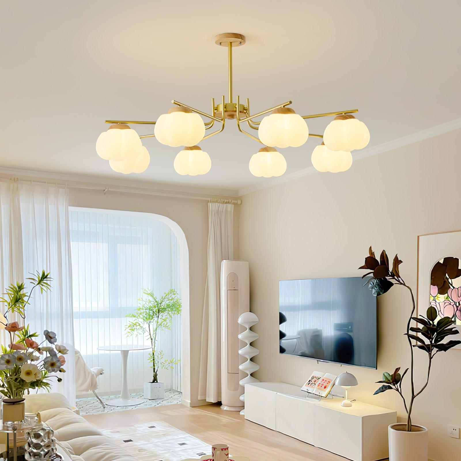 Gold Metal & White PE Lampshade Chandelier